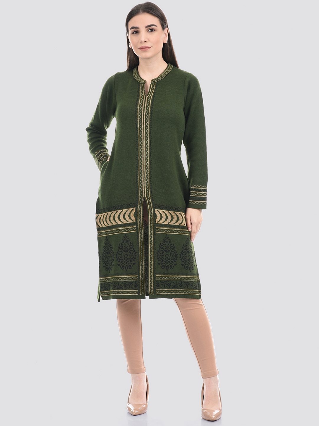 

American Eye Women Ethnic Motifs Printed Jacquard Acrylic Kurta, Olive