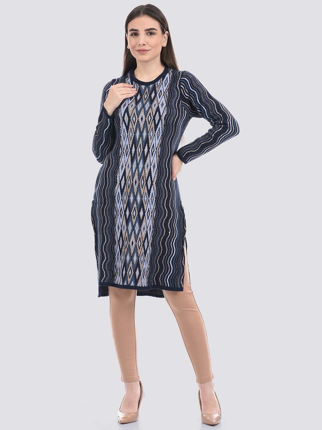 

American Eye Women Geometric Woven Design Acrylic Kurta, Navy blue