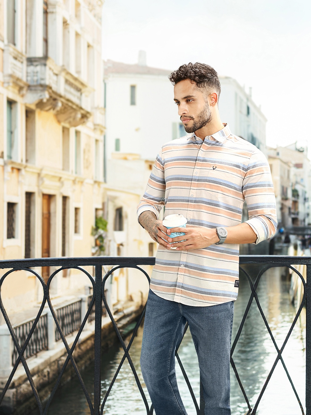 Allen Solly Sport Men Horizontal Stripes Casual Pure Cotton Shirt, Cream