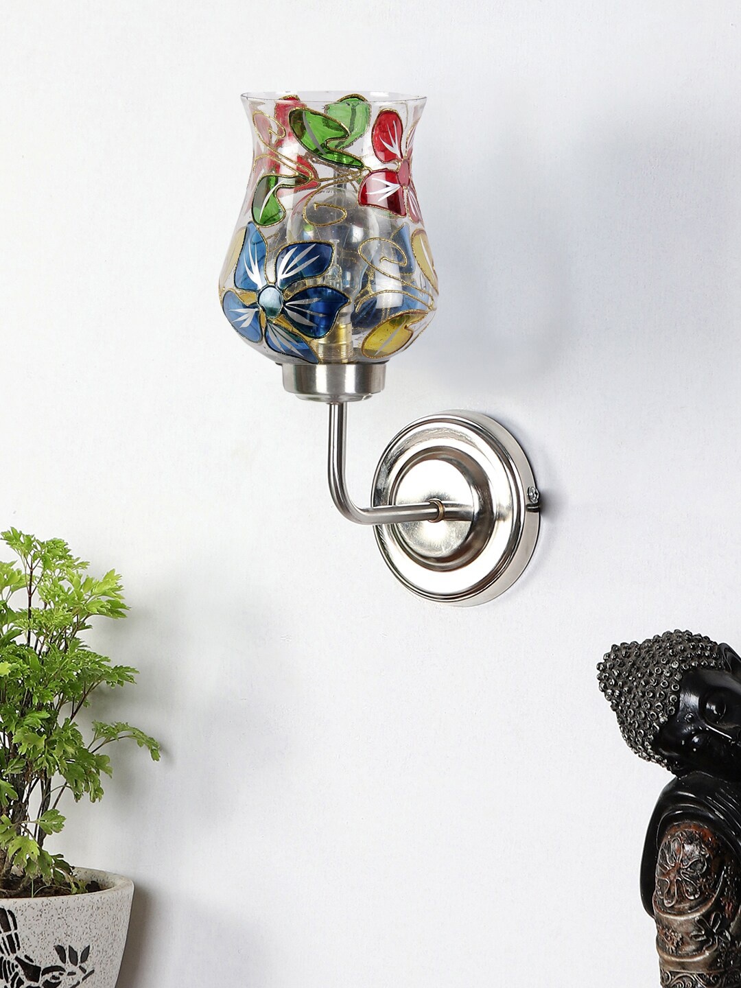 

Devansh Blue & Red Steel Wall Mounted Lamp With Floral Mosaic Glass Shade