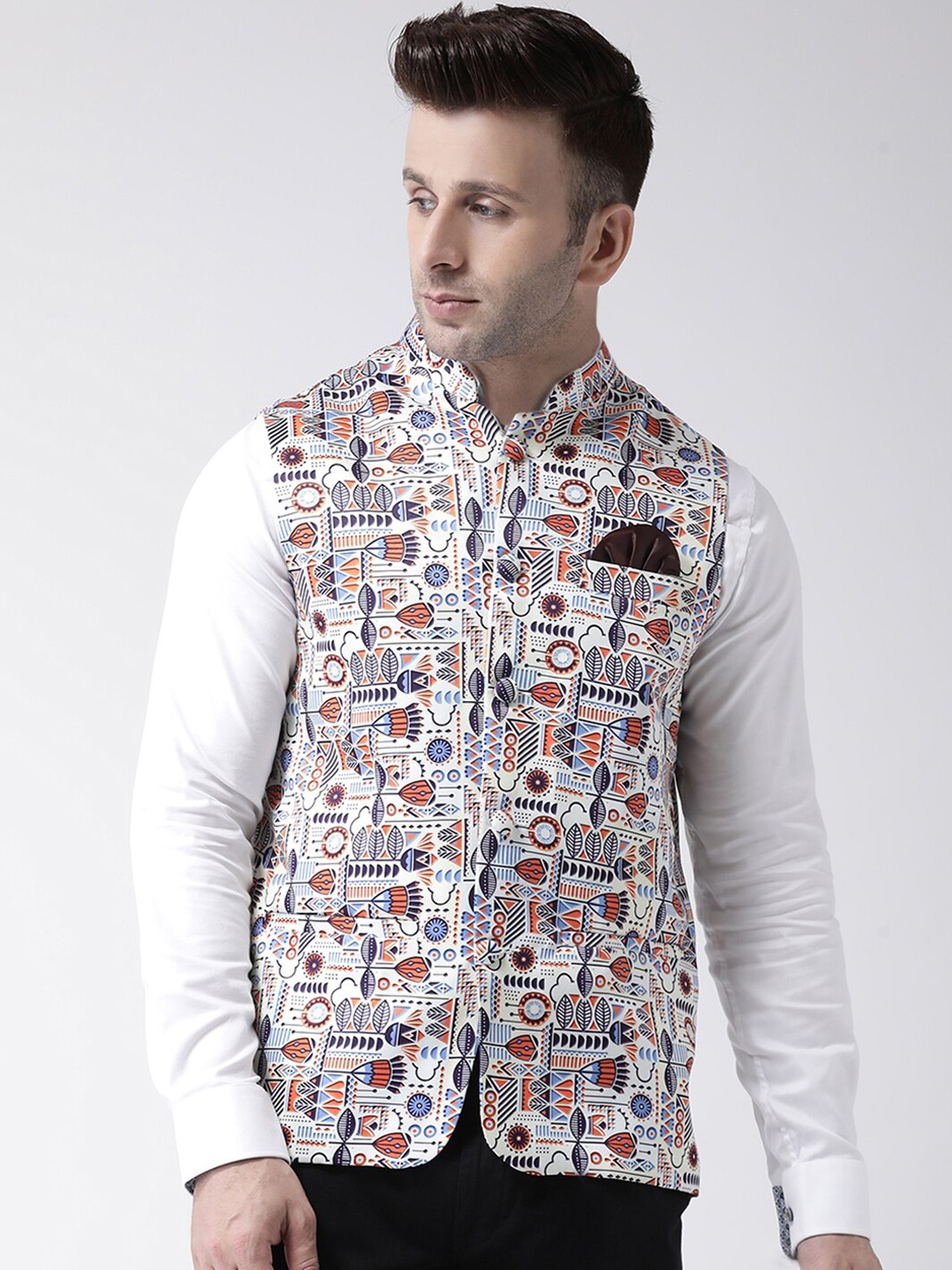 

hangup plus Men Printed Woven Nehru Jacket, Off white