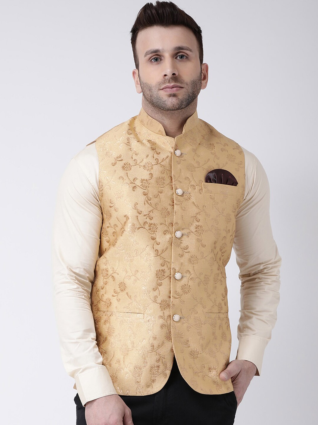 

hangup plus Men Woven Design Nehru Jacket, Camel brown