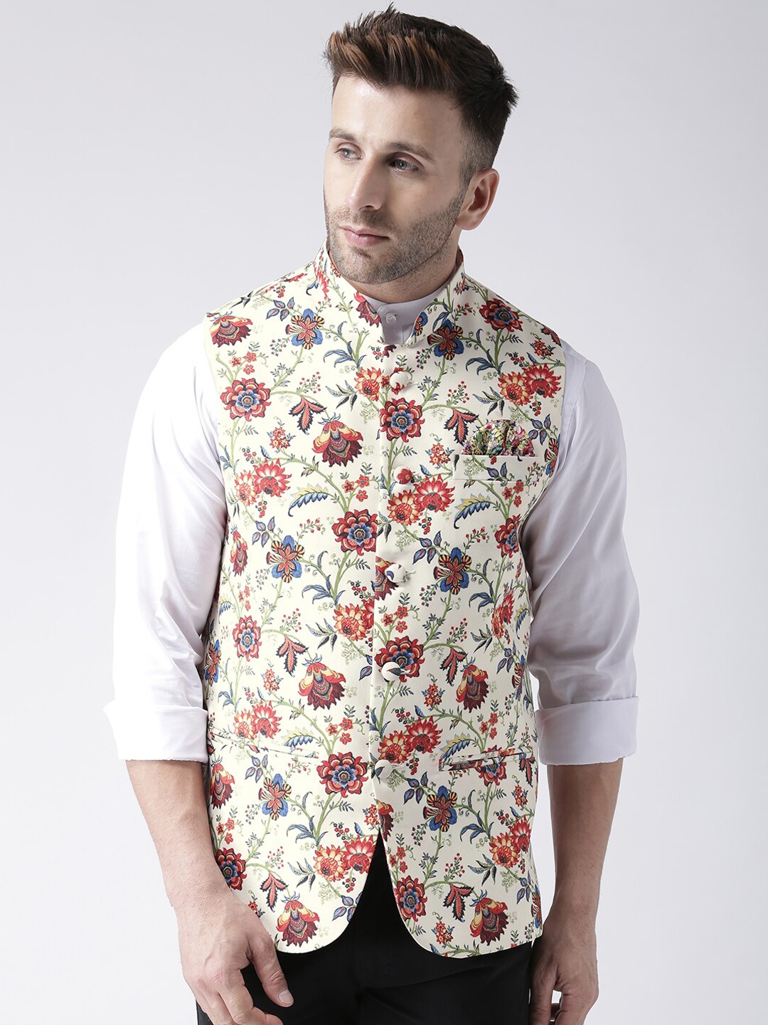 

hangup plus Men Printed Nehru Jacket, Cream