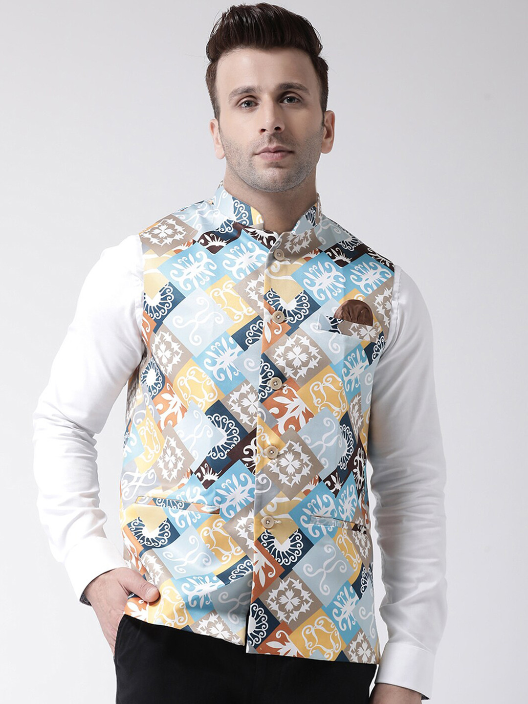 

hangup plus Men Geometric Printed Nehru Jacket, Blue