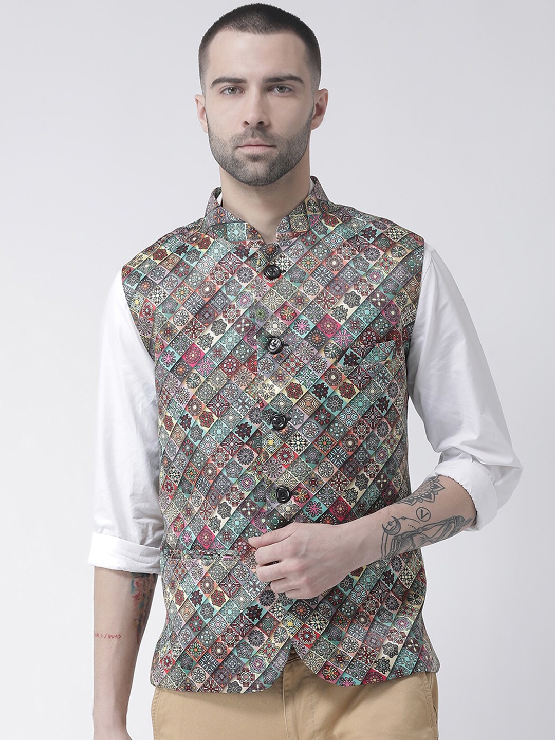 

hangup plus Men Printed Nehru Jacket, Grey