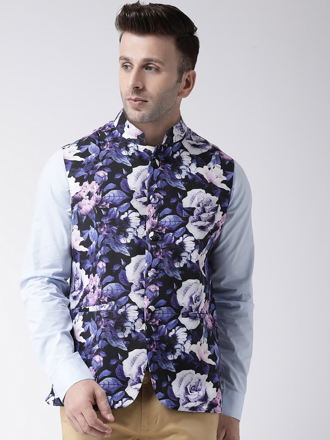 

hangup plus Men Floral Printed Nehru Jacket, Black