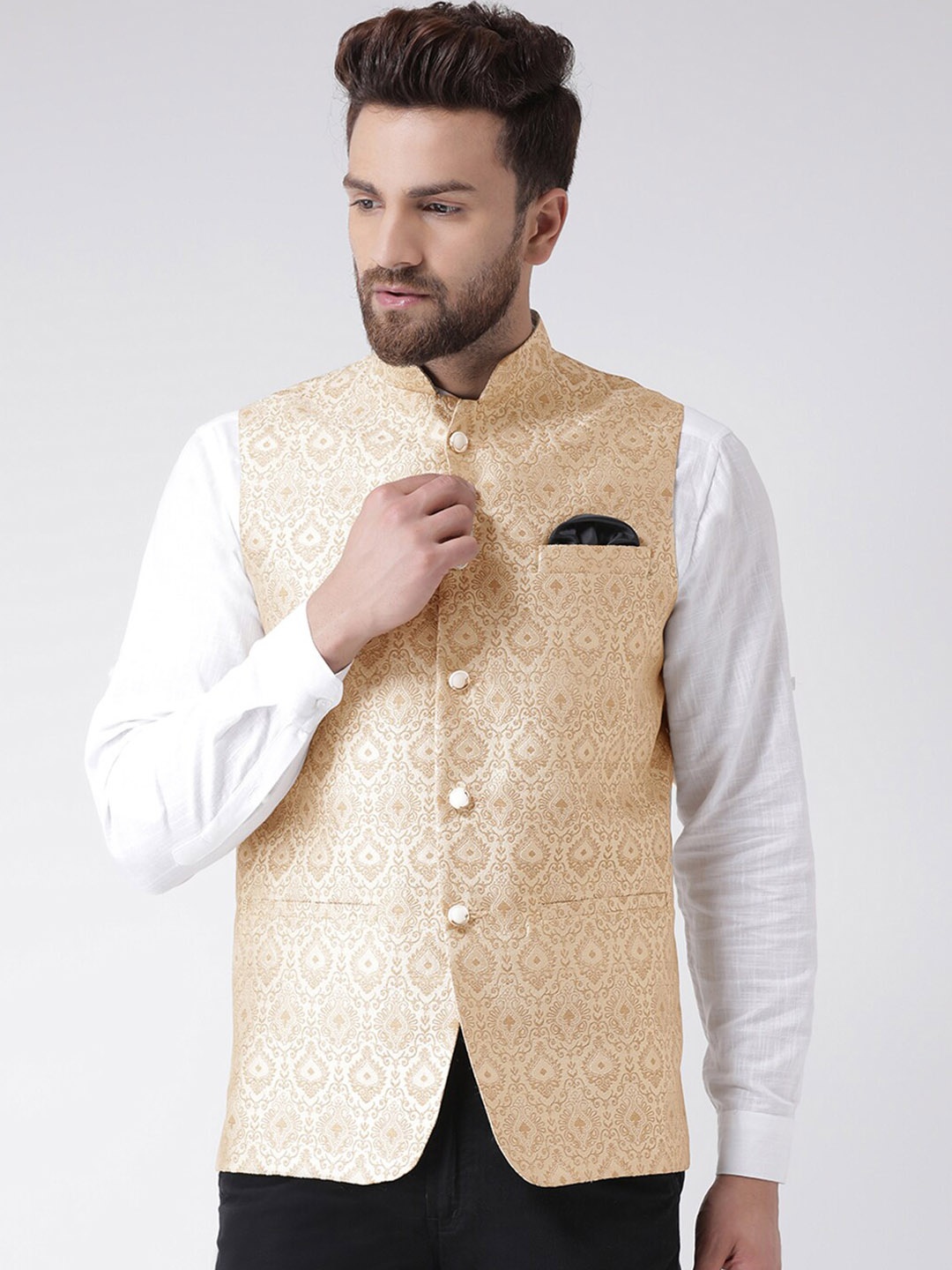 

hangup plus Men Woven Design Formal Nehru Jacket, Gold