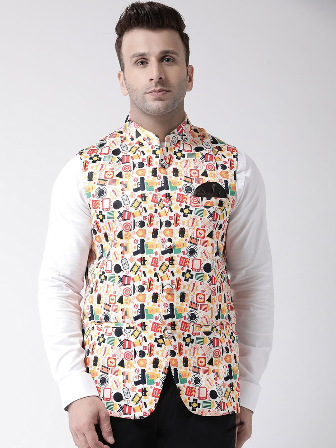 

hangup plus Men Printed Woven Nehru Jacket, Off white