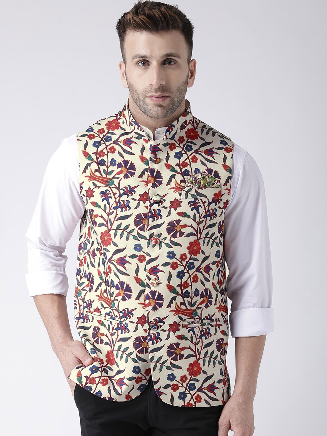 

hangup plus Men Printed Woven Nehru Jacket, Beige