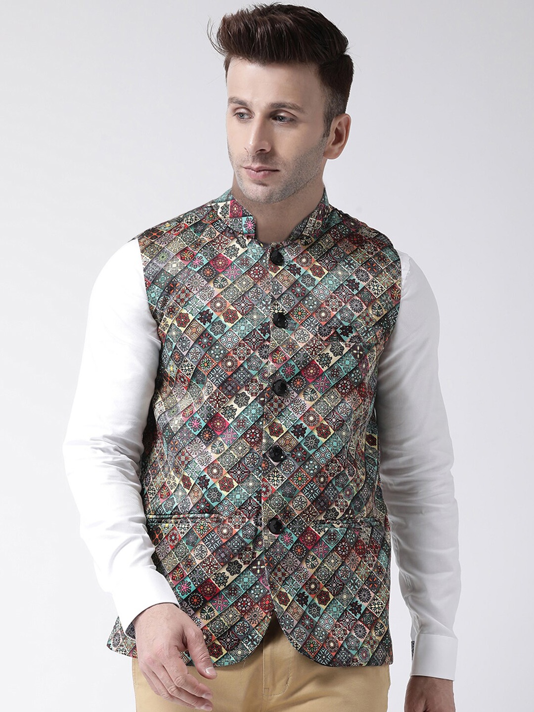 

hangup plus Men Printed Nehru Jacket, Green