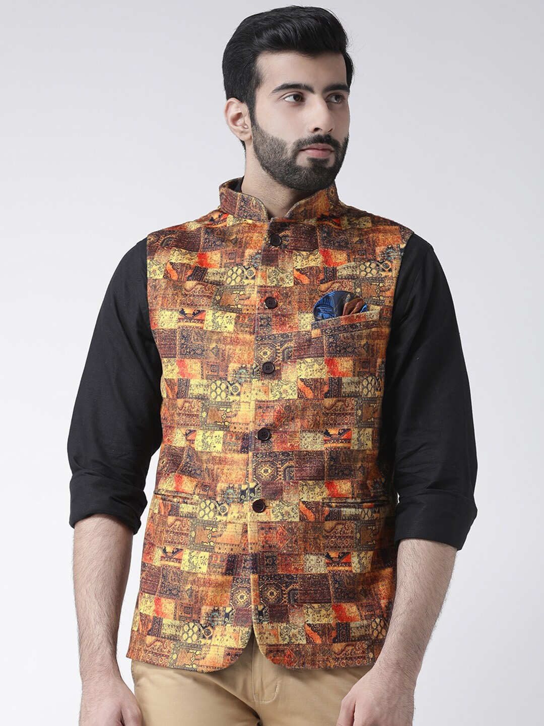 

hangup plus Men Printed Woven Nehru Jacket, Brown