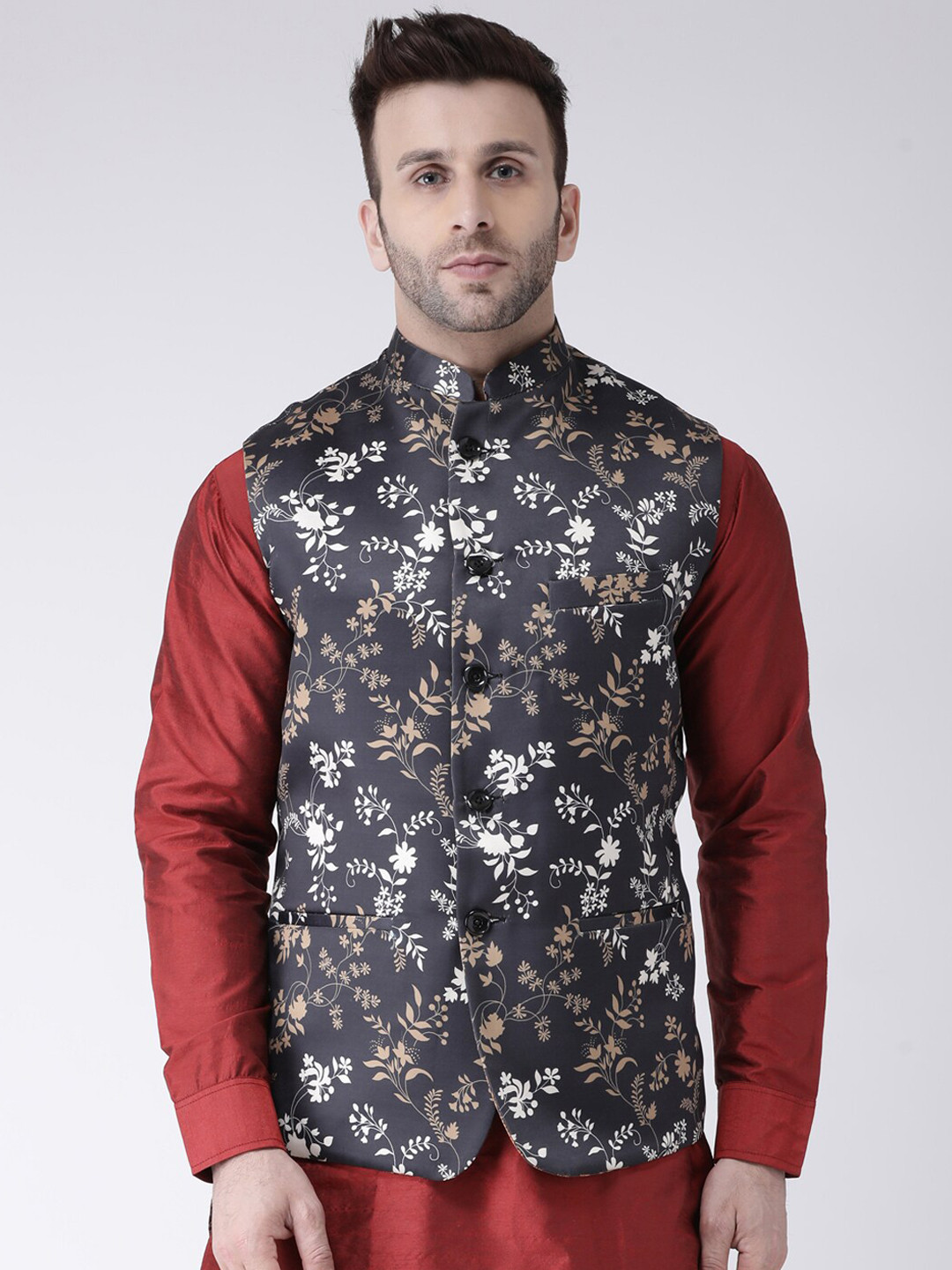 

hangup plus Men Printed Nehru Jacket, Black
