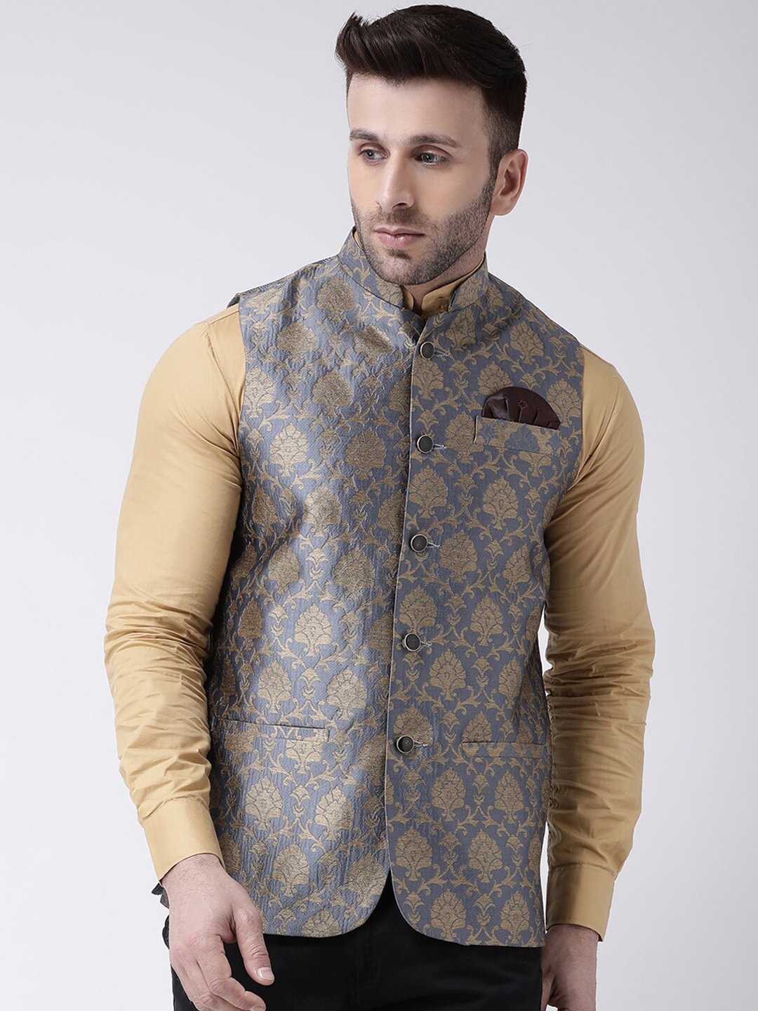 

hangup plus Men Woven Design Jacquard Nehru Jacket, Grey