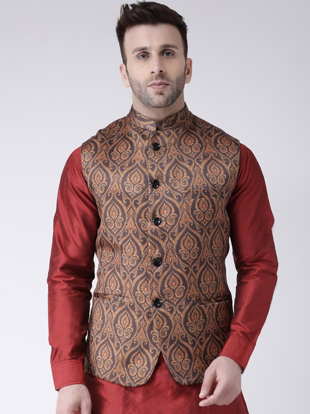 

hangup plus Men Printed Nehru Jacket, Brown