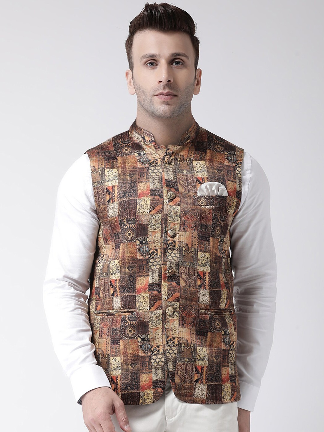 

hangup plus Men Printed Nehru Jacket, Brown