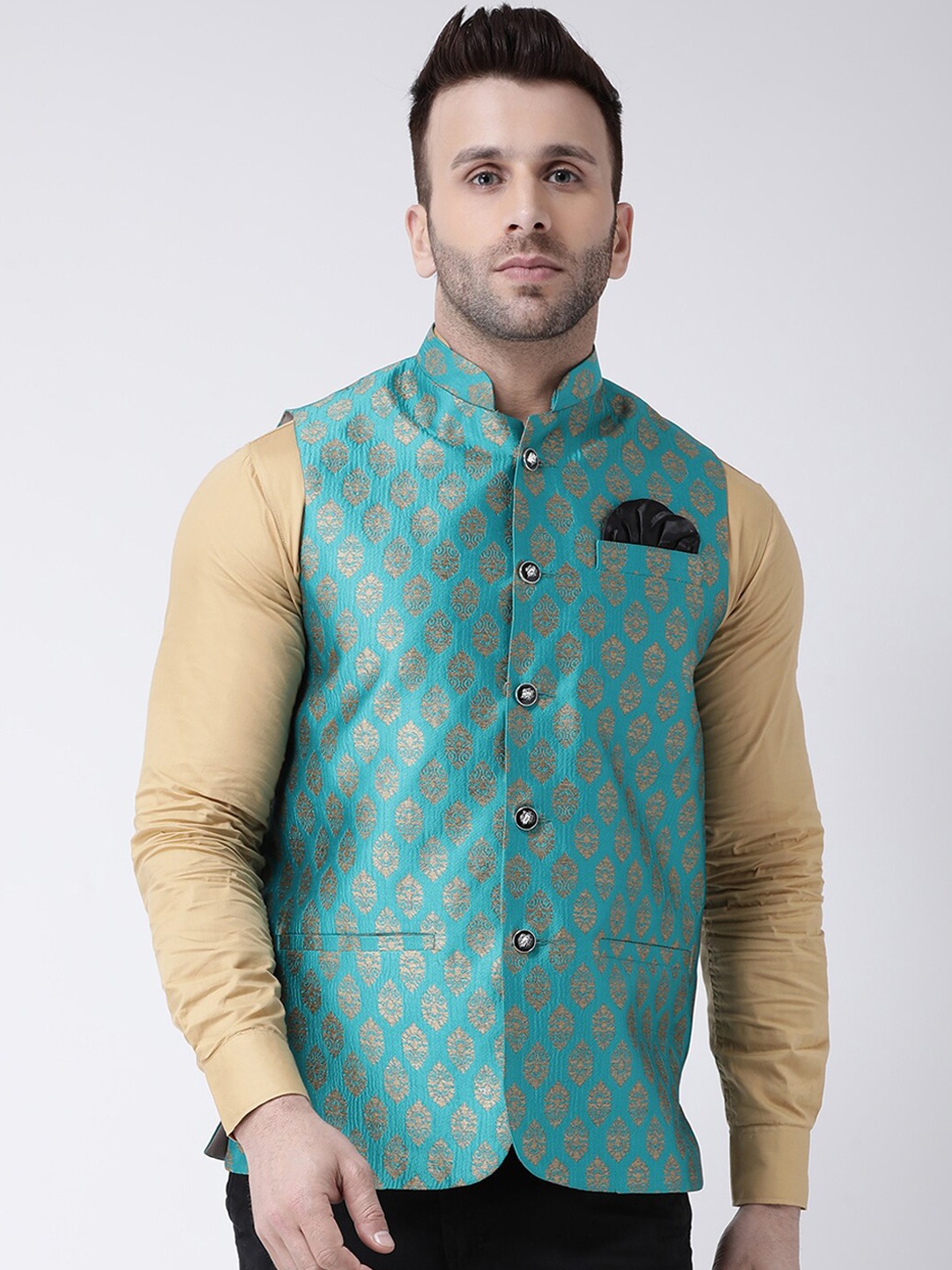 

hangup plus Men Woven Design Jacquard Nehru Jacket, Turquoise blue