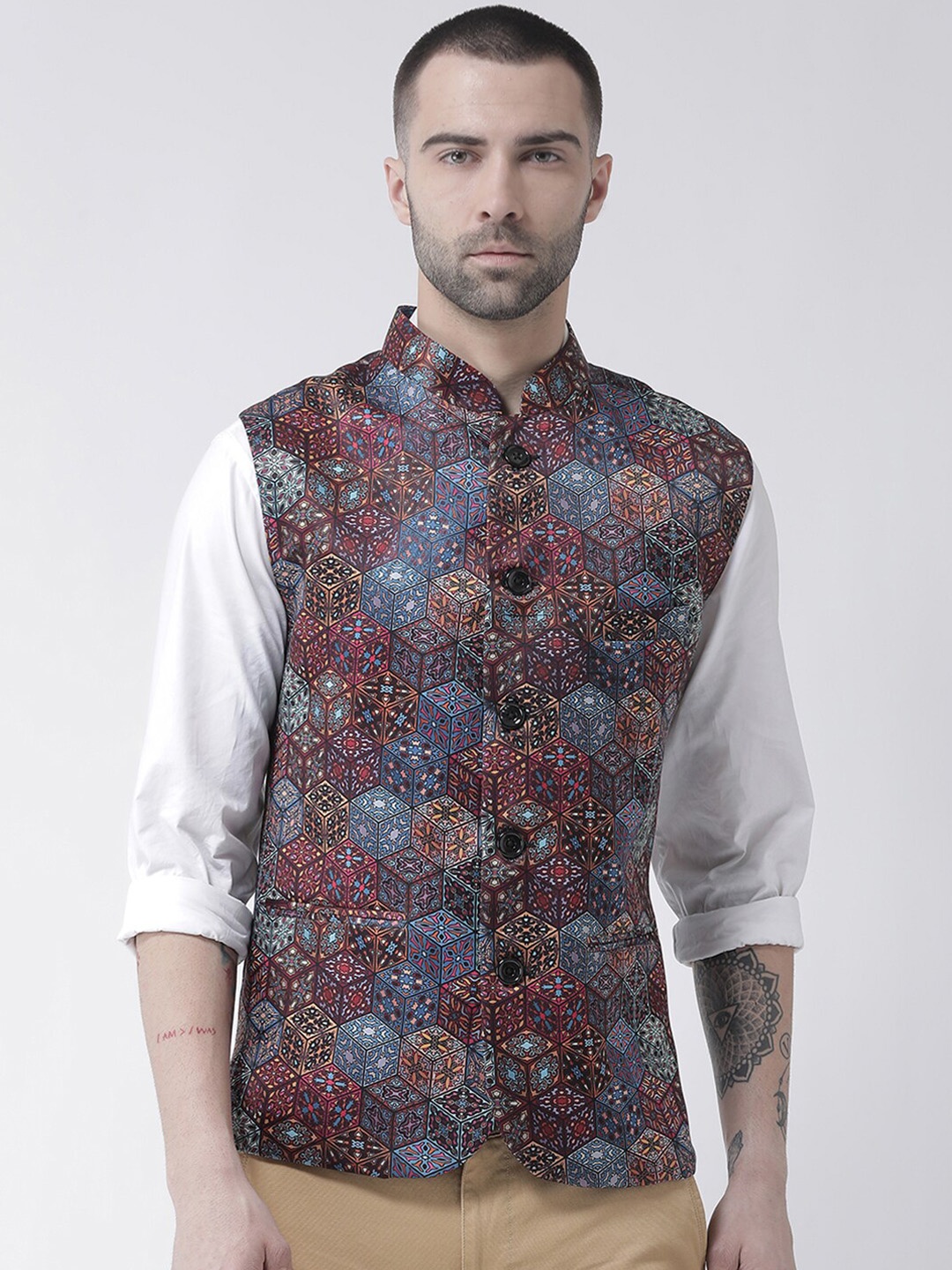 

hangup plus Men Printed Formal Nehru Jacket, Blue