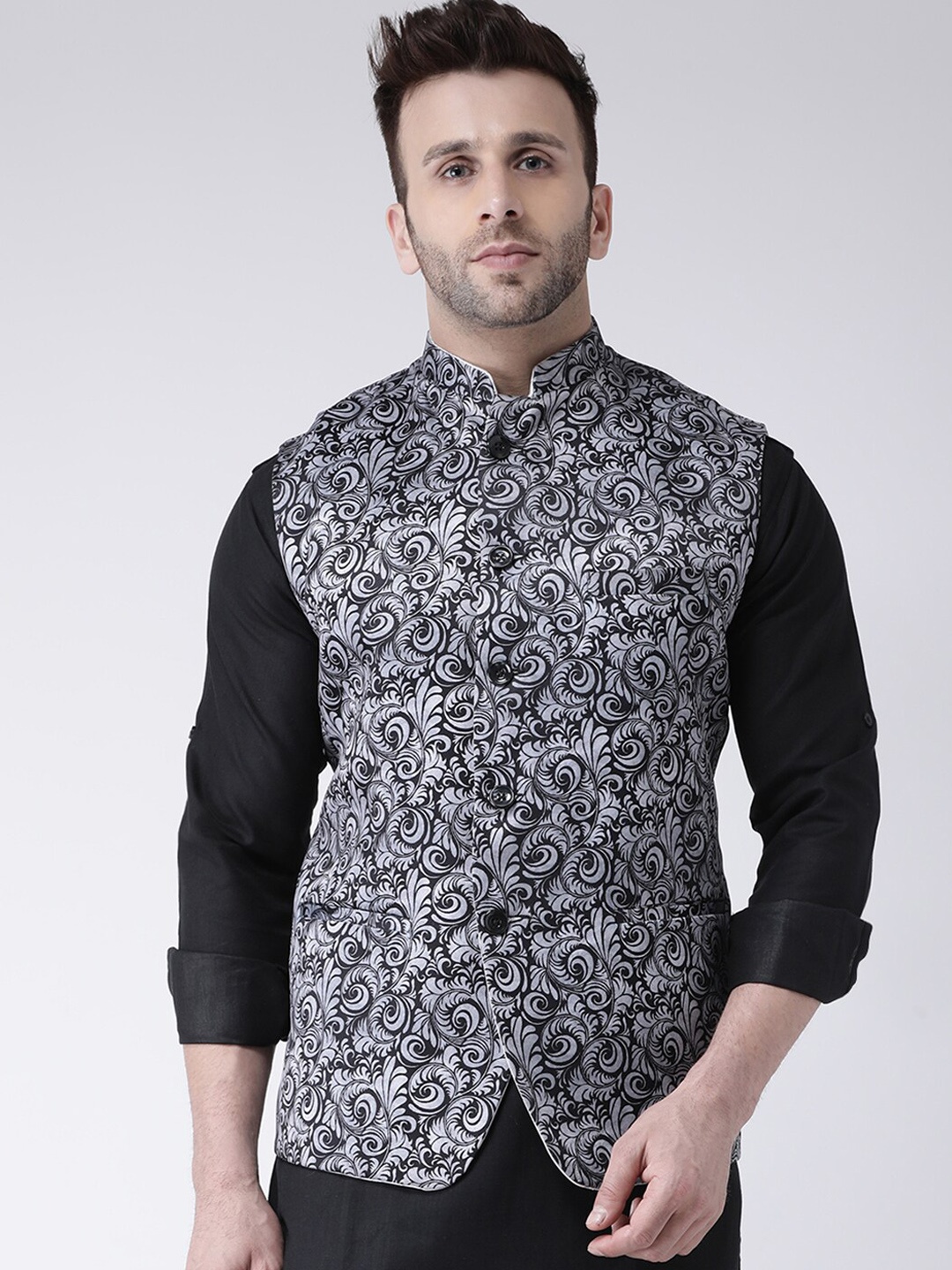 

hangup plus Men Printed Nehru Jacket, Grey