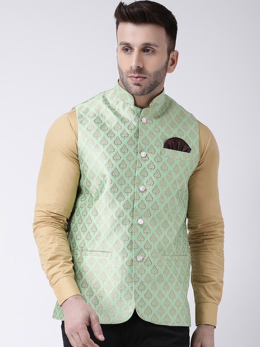 

hangup plus Men Woven Design Nehru Jacket, Sea green