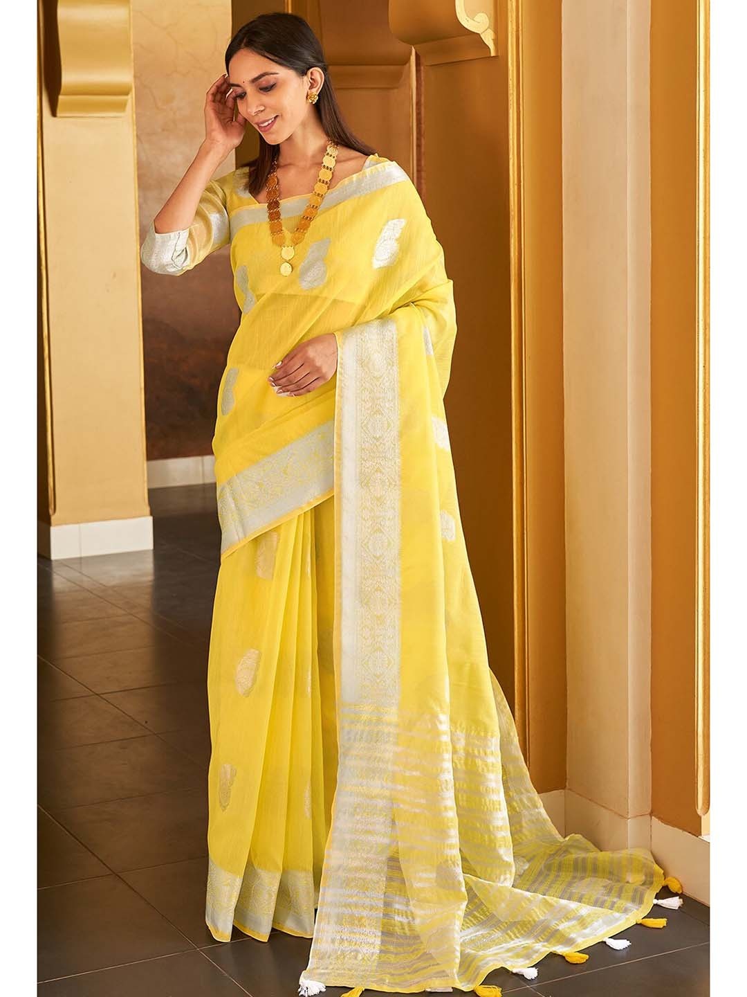 

KARAGIRI Woven Design Zari Linen Blend Saree, Yellow