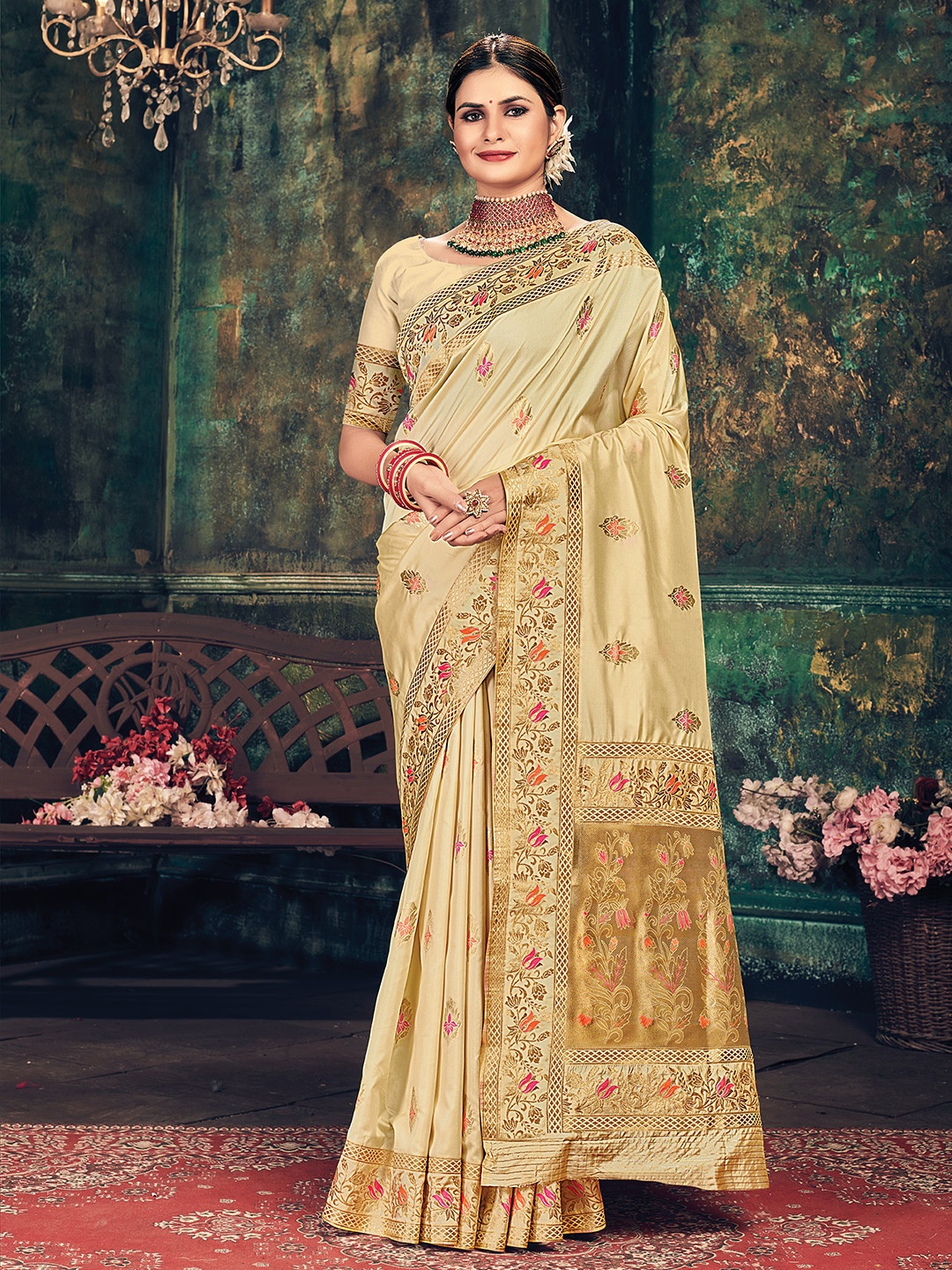 

KARAGIRI Zari Woven Design Banarasi Saree, Cream