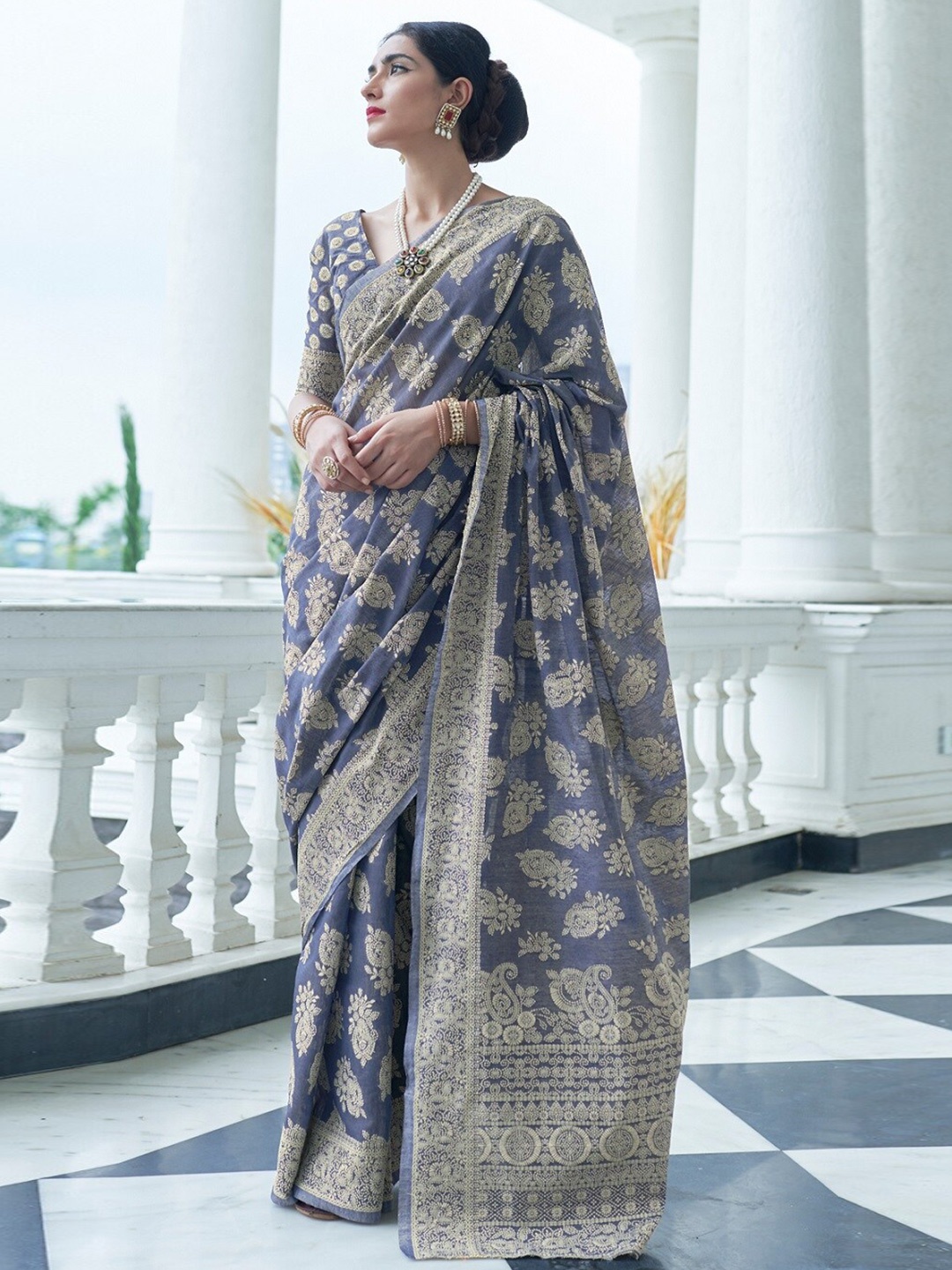 

KARAGIRI Paisley Zari Saree, Grey