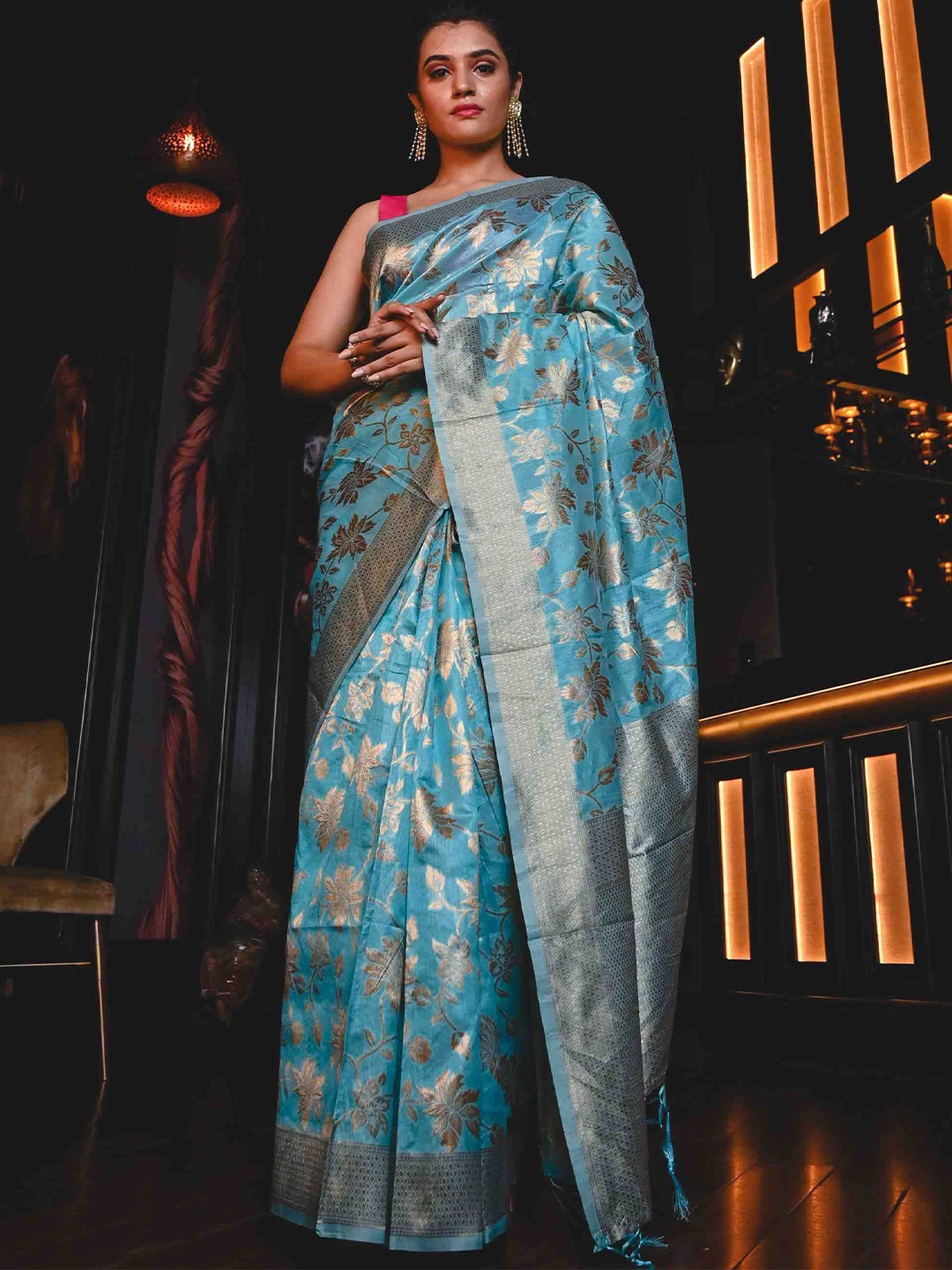 

KARAGIRI Floral Zari Maheshwari Saree, Blue