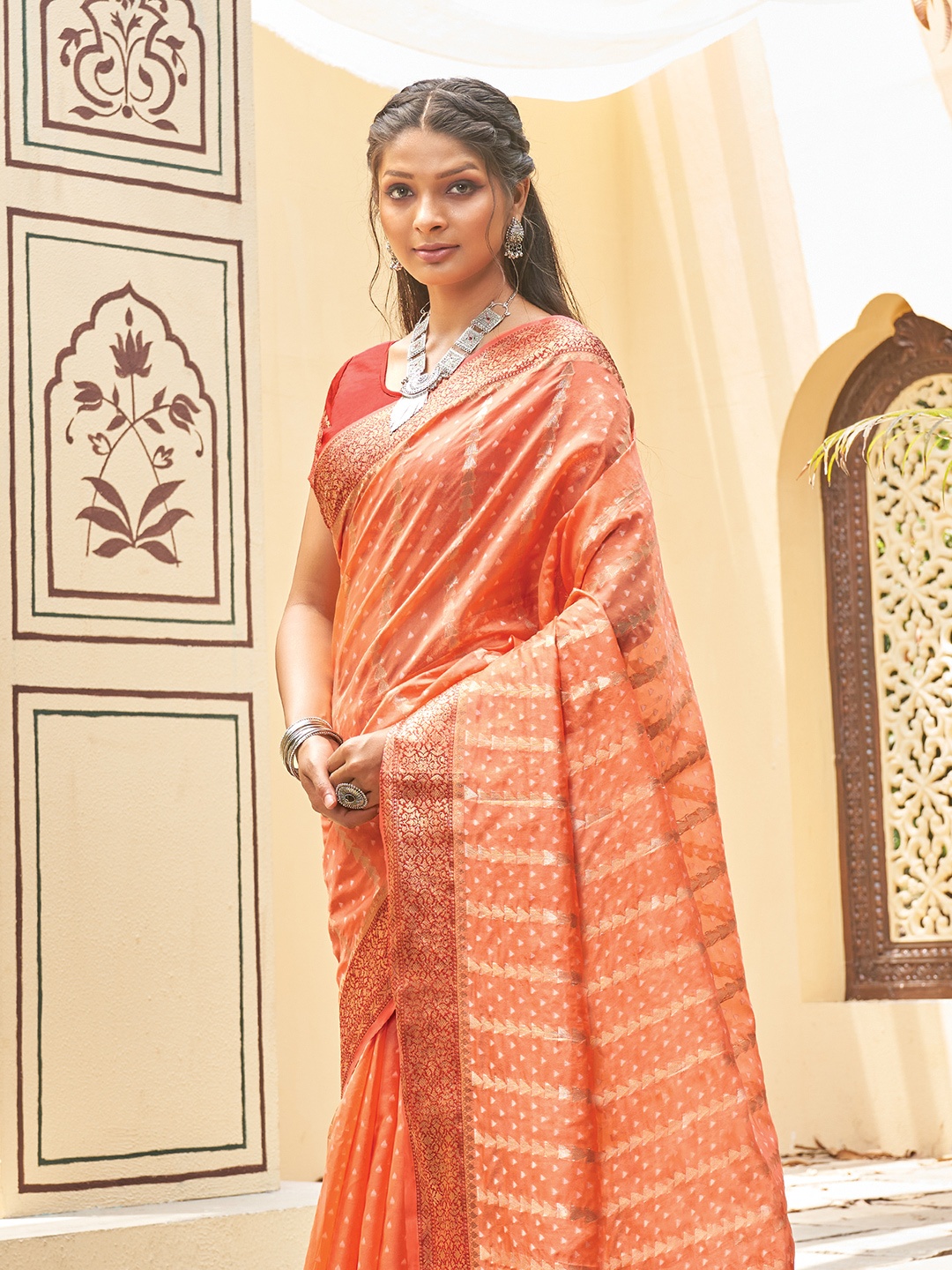 

KARAGIRI Ethnic Motifs Zari Organza Saree, Orange