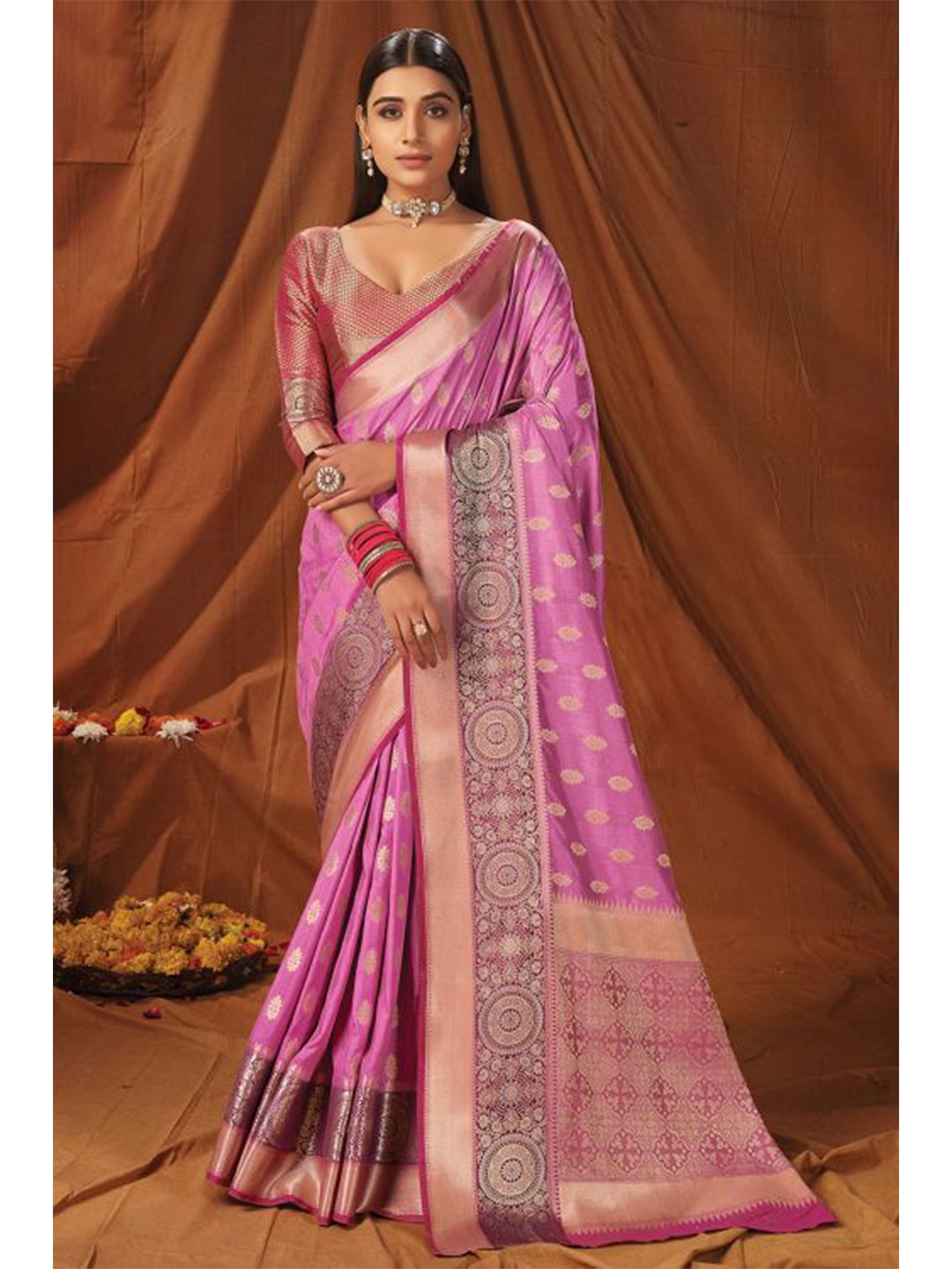 

KARAGIRI Ethnic Motifs Zari Saree, Pink