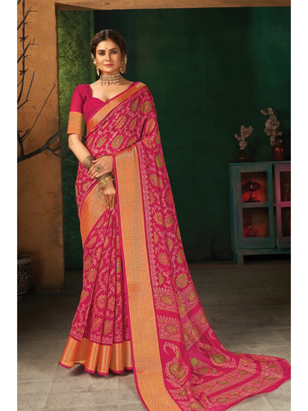 

KARAGIRI Floral Woven Design Zari Saree, Pink