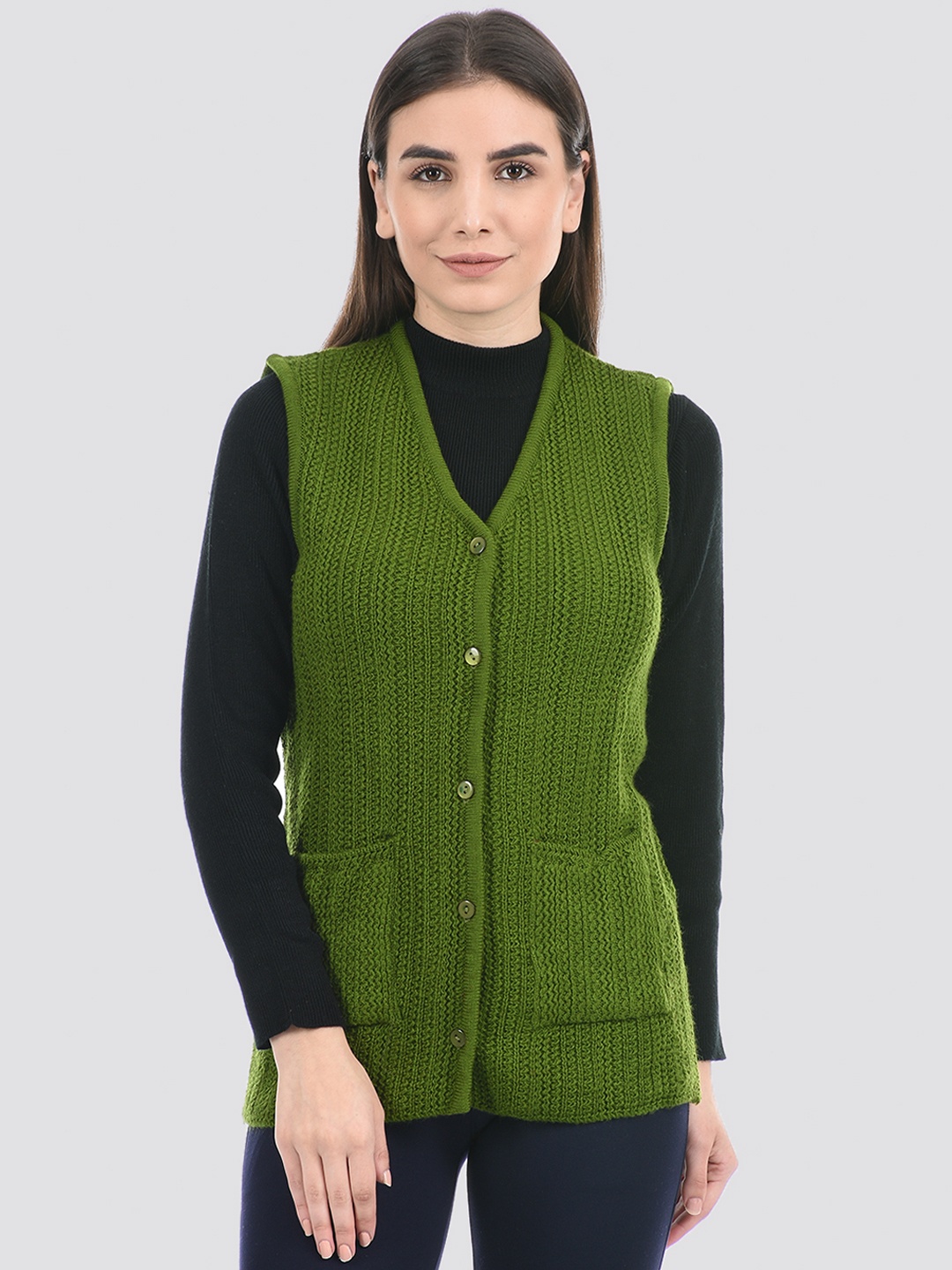 

American Eye Women Ribbed Acrylic Cardigan Sweater, Green