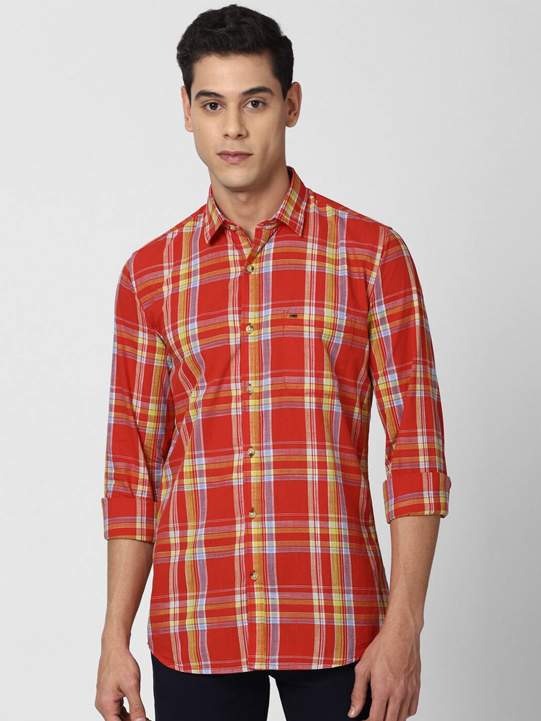 

Peter England Casuals Men Slim Fit Tartan Checked Casual Pure Cotton Shirt, Red