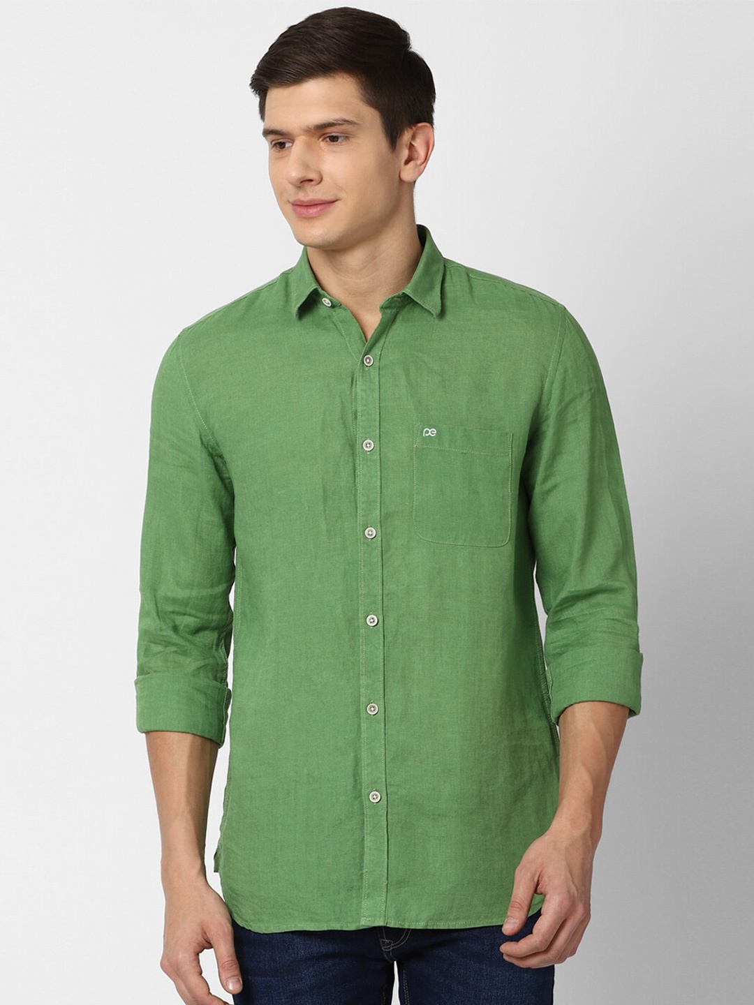 

Peter England Casuals Men Slim Fit Casual Pure Linen Shirt, Green