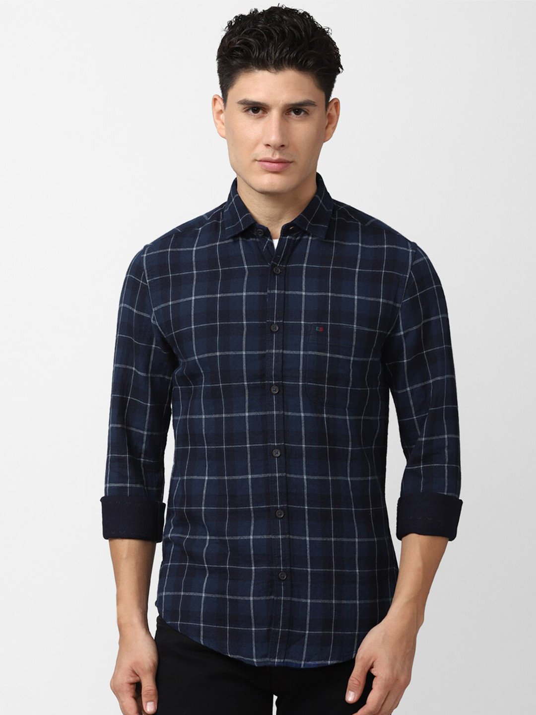 

Peter England Casuals Men Slim Fit Windowpane Checks Checked Casual Shirt, Navy blue
