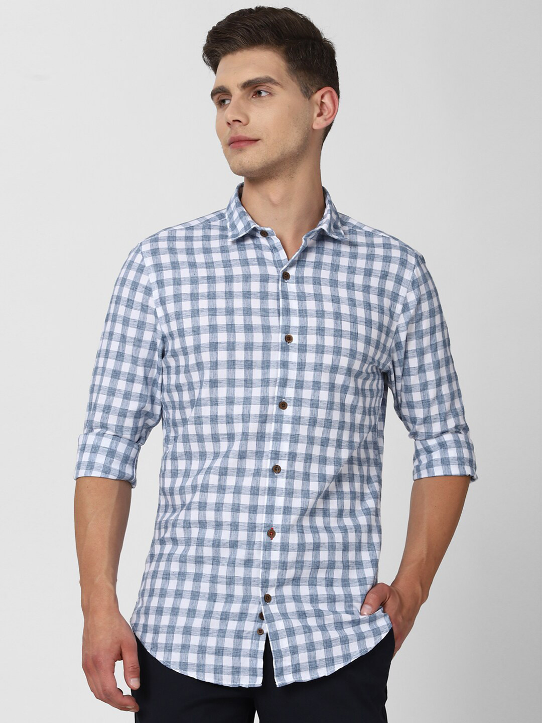 

Peter England Casuals Slim Fit Gingham Checked Pure Cotton Casual Shirt, Blue