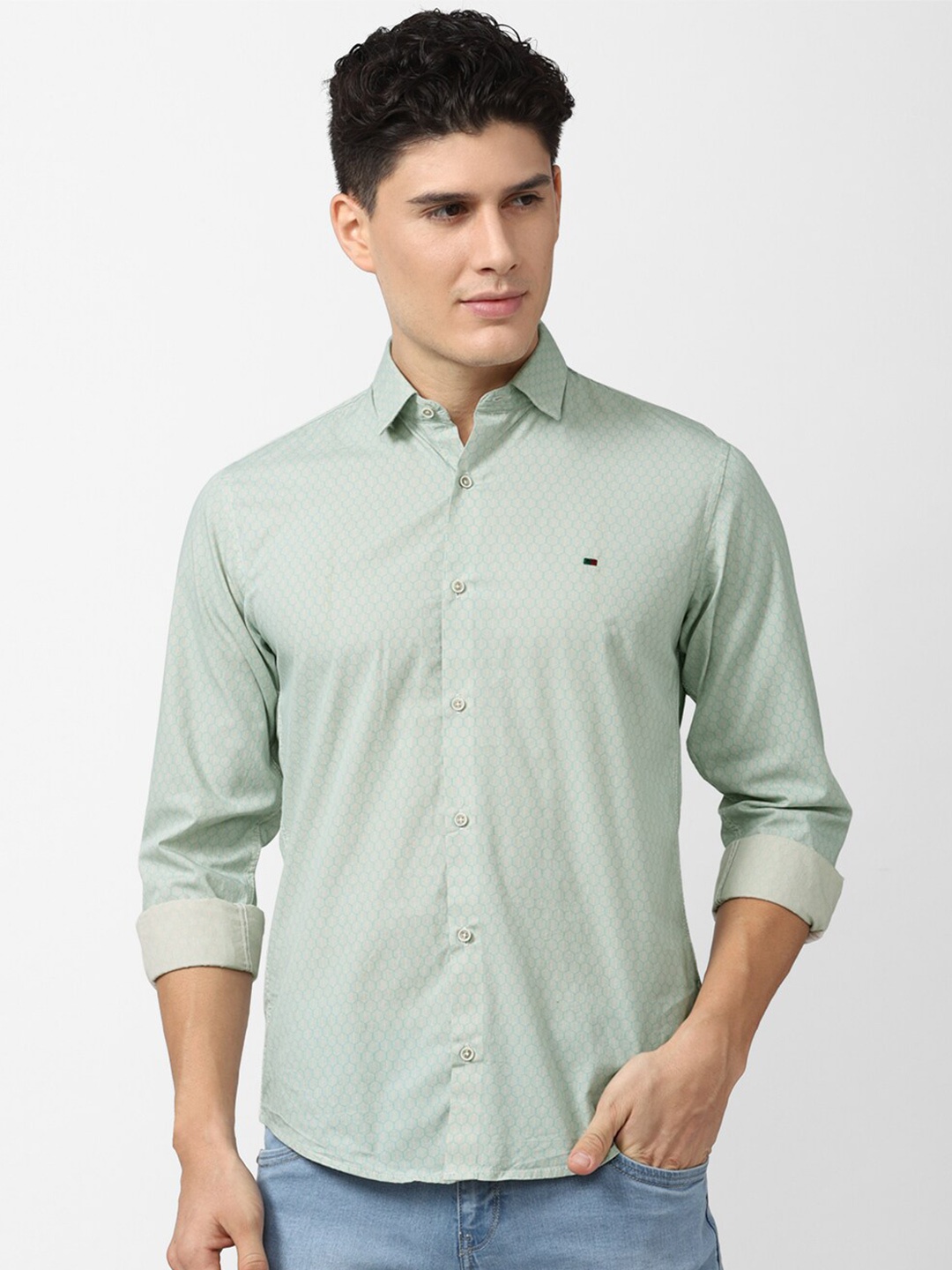 

Peter England Casuals Men Slim Fit Printed Casual Cotton Shirt, Green