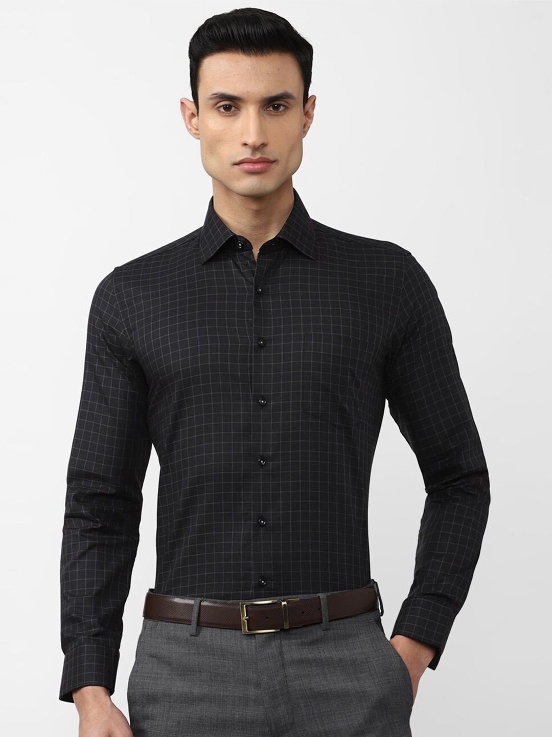 

Van Heusen Men Slim Fit Grid Tattersall Checked Formal Shirt, Black