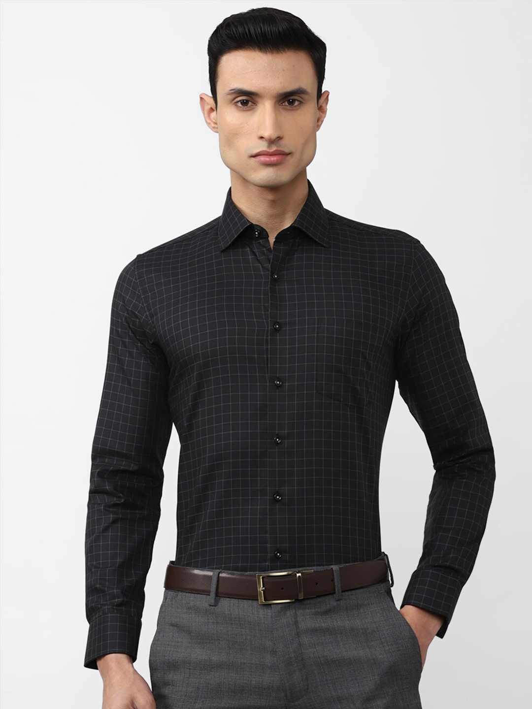 

Van Heusen Men Grid Tattersall Checks Pure Cotton Slim Fit Formal Shirt, Black