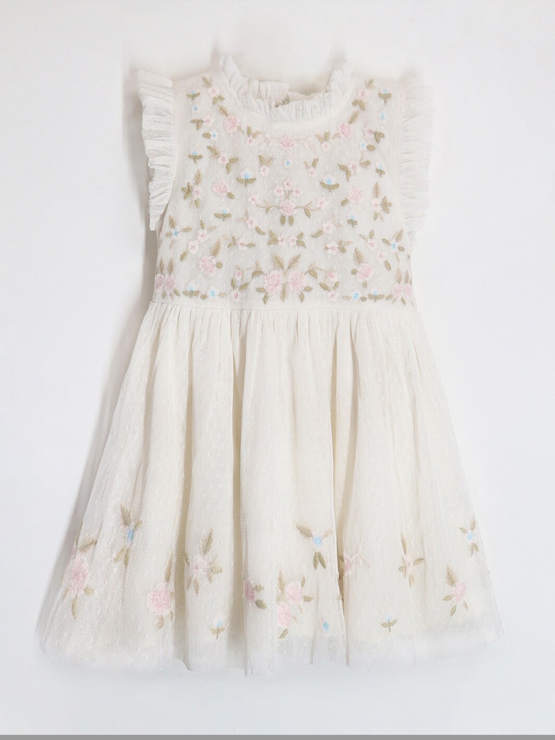 

Cherry Crumble Girls Floral Embroidered Flutter Sleeves Cotton Fit & Flare Dress, Off white