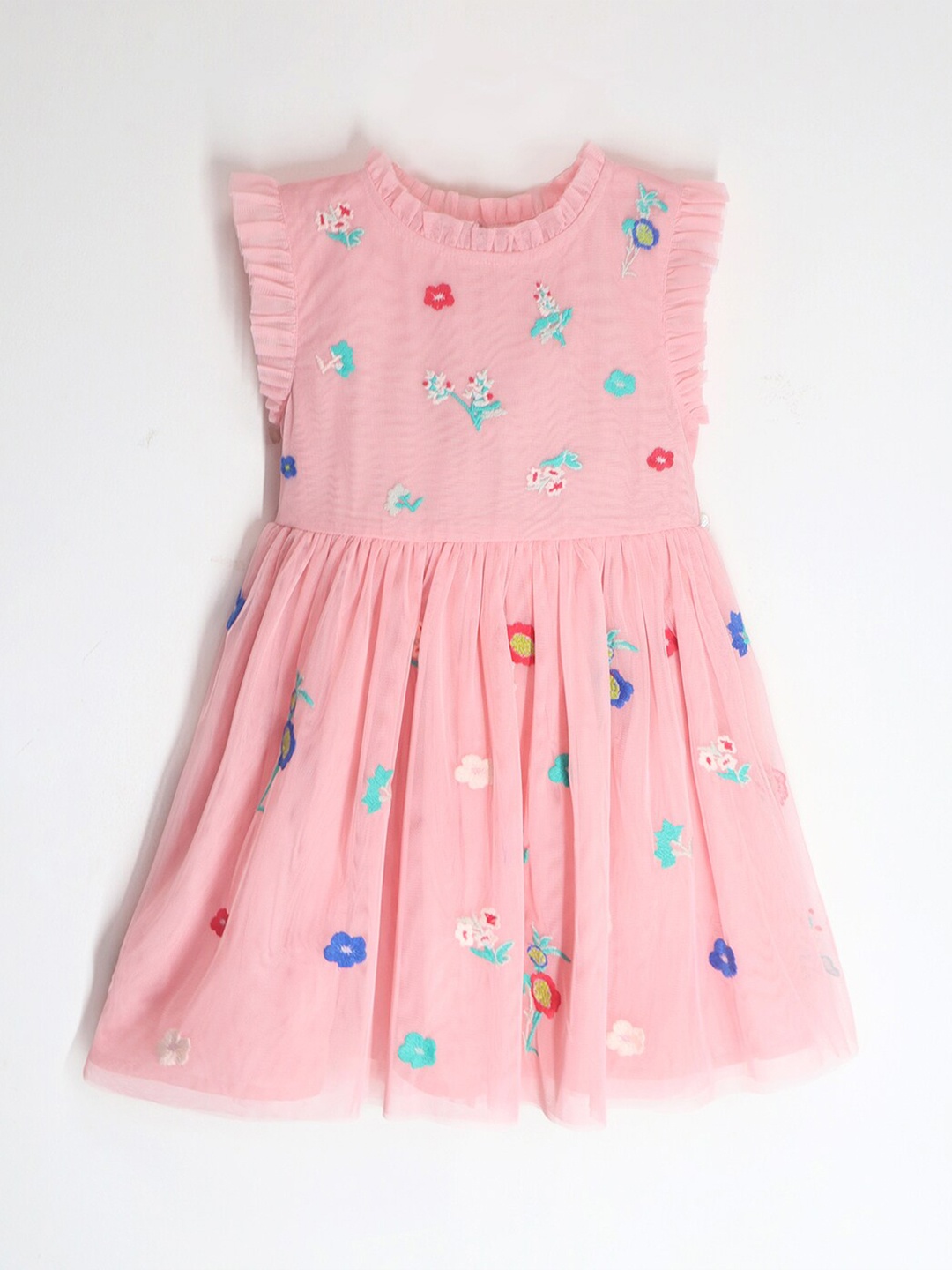 

Cherry Crumble Girls Floral Embroidered Flutter Sleeves Cotton Fit & Flare Dress, Pink