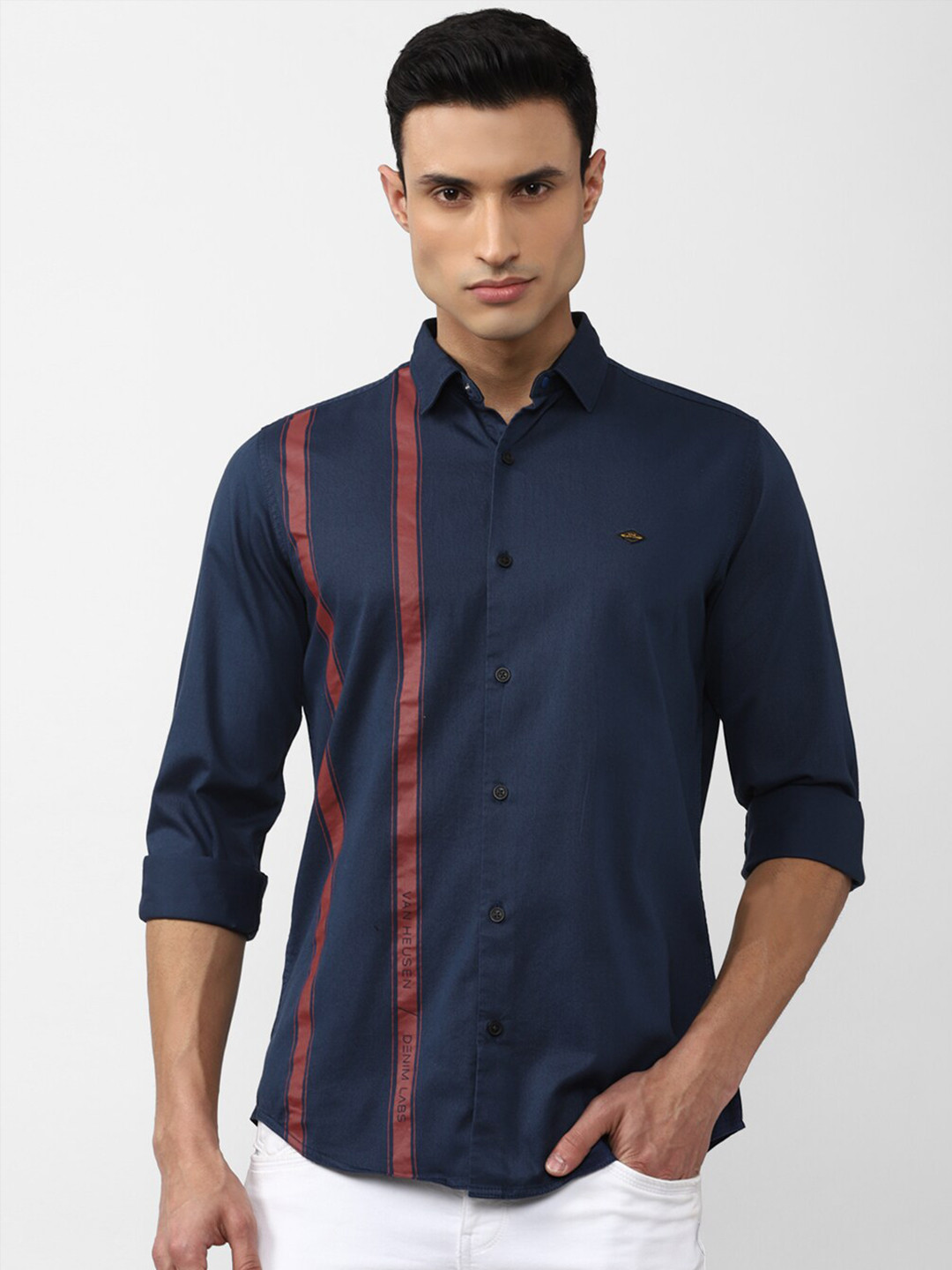 

VAN HEUSEN DENIM LABS Men Slim Fit Striped Casual Pure Cotton Shirt, Navy blue