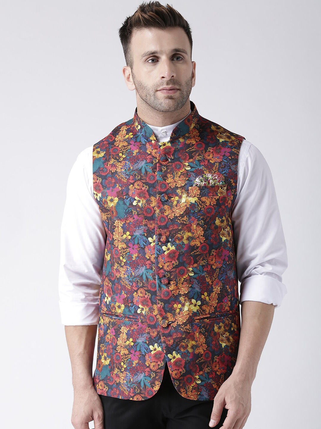

Hangup Men Floral Printed Woven Nehru Jackets, Blue