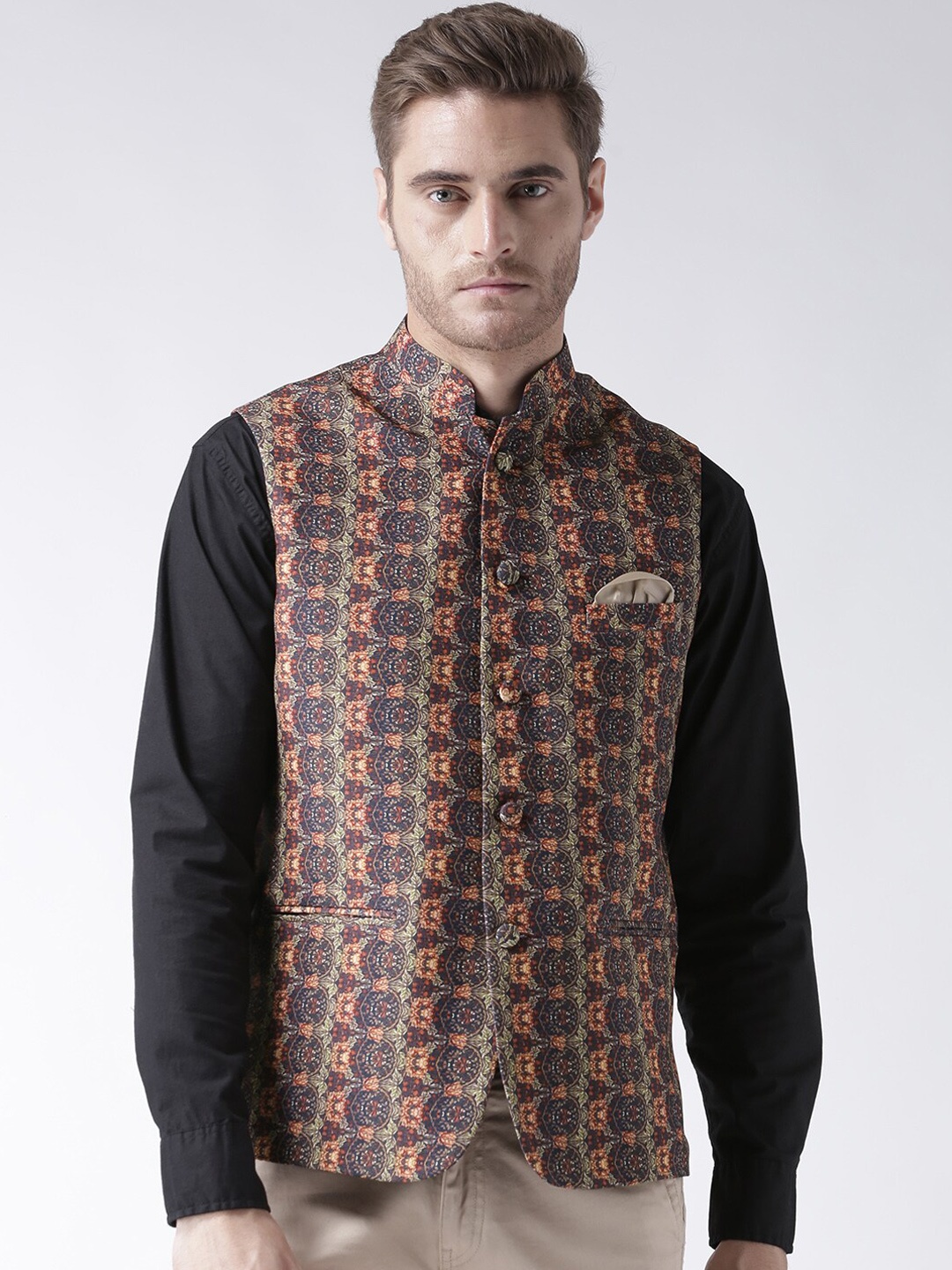 

Hangup Men Printed Nehru Jackets, Brown
