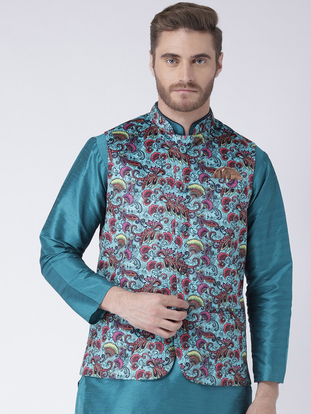 

Hangup Men Ethnic Printed Nehru Jackets, Teal