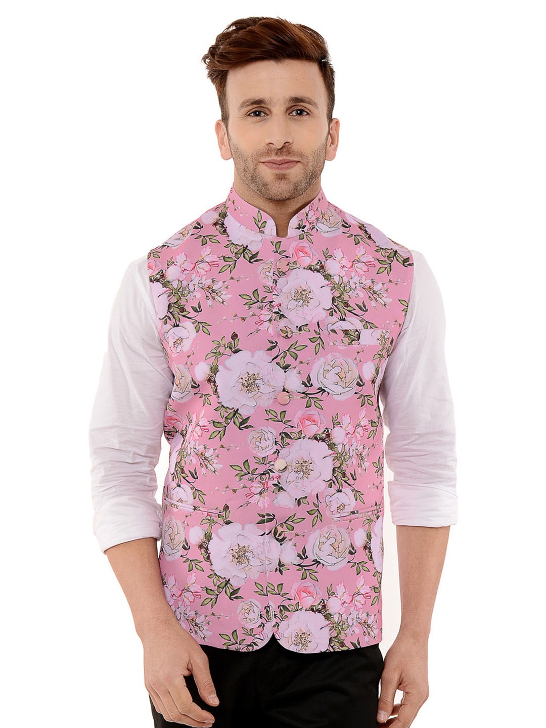 

Hangup Men Floral-Printed Woven Nehru Jacket, Pink