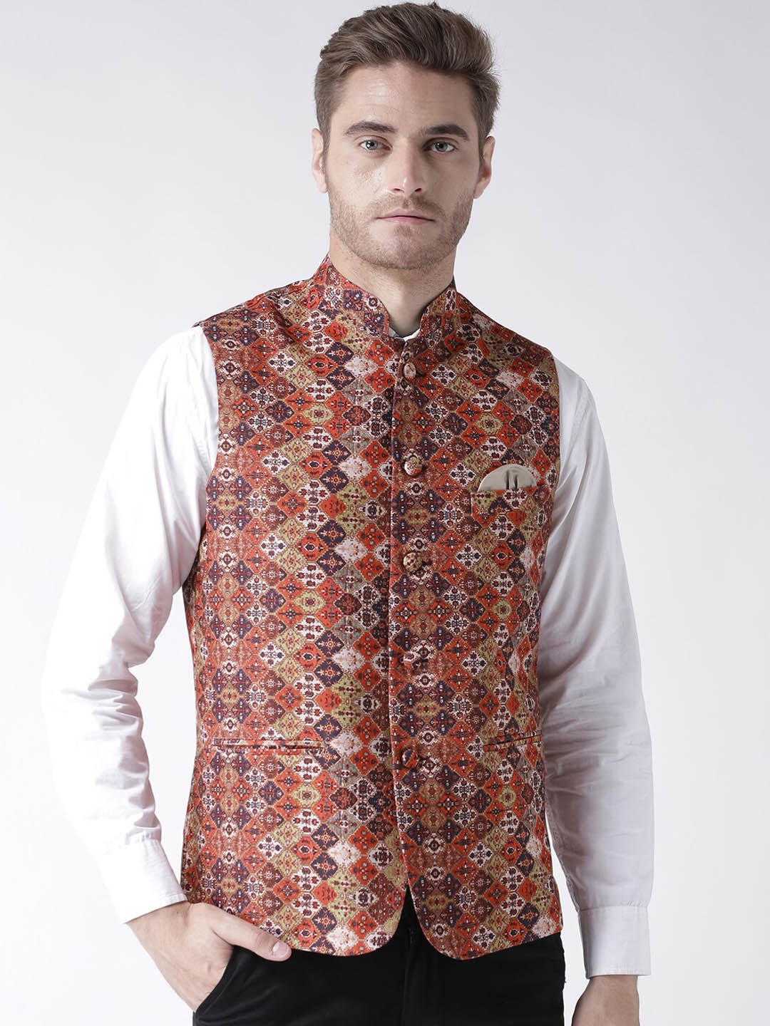 

Hangup Men Motif Printed Woven Chinese Collar Nehru Jacket, Brown