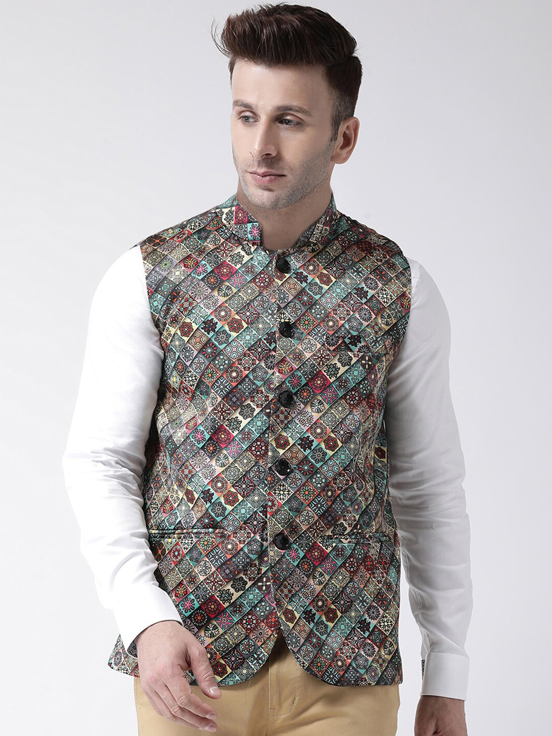 

Hangup Men Printed Woven Nehru Jacket, Turquoise blue