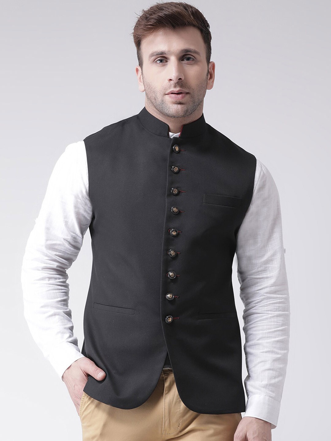 

Hangup Men Mandarin Collar Nehru Jackets, Black
