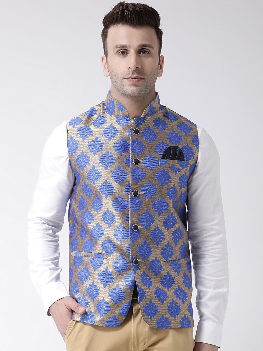 

Hangup Men Woven Design Nehru Jacket, Blue