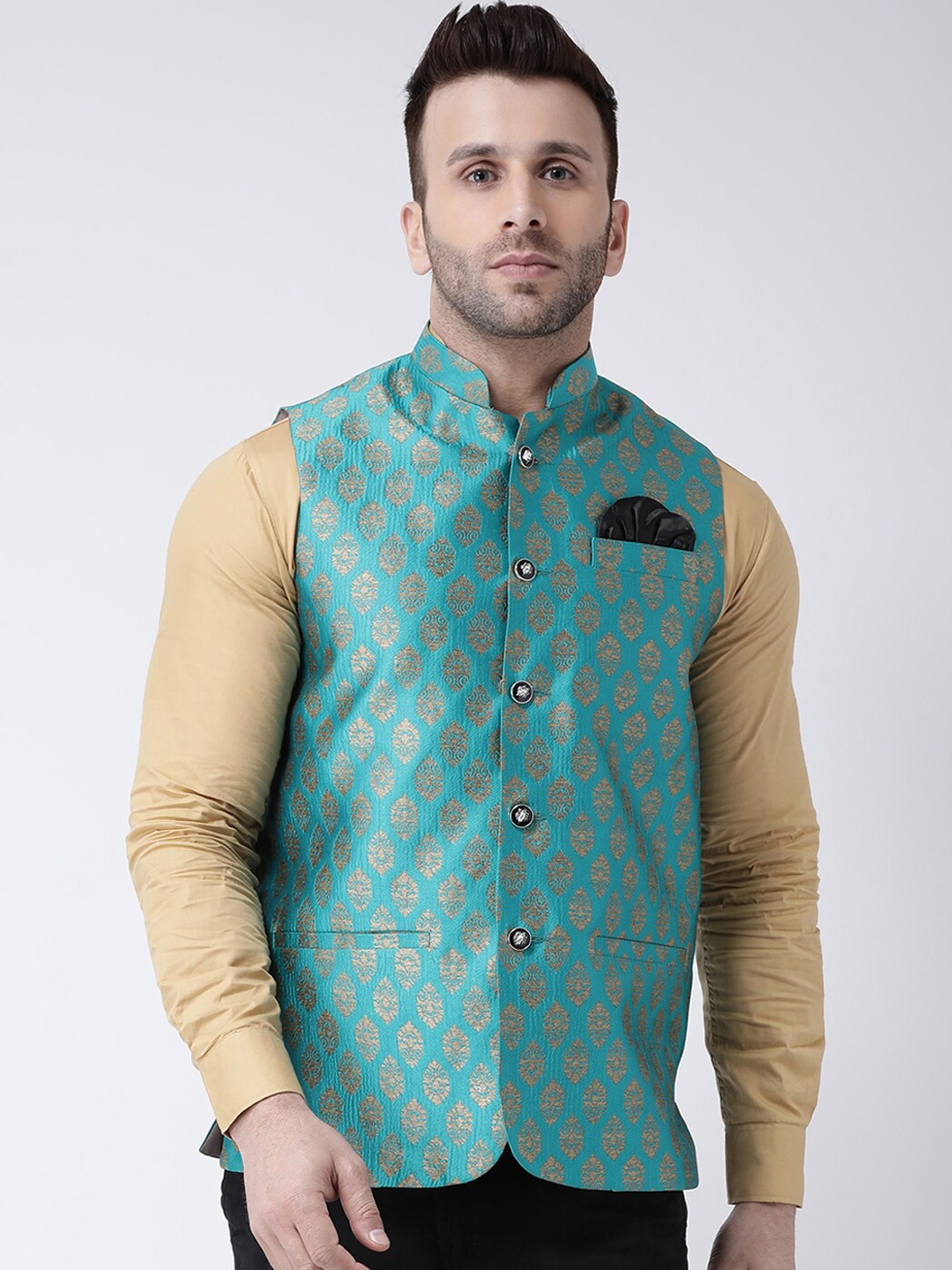 

Hangup Men Printed Nehru Jacket, Turquoise blue